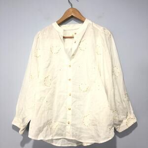 Anthropologie Embroidered Linen Button Down Long Sleeve Shirt Size M